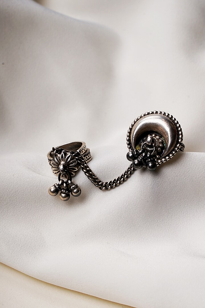 Oxidised Finish Dual Motif Statement Adjustable Ring In Sterling Silver by Swadeshi Pitara at Pernia's Pop Up Shop