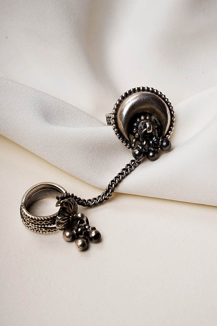 Oxidised Finish Dual Motif Statement Adjustable Ring In Sterling Silver by Swadeshi Pitara at Pernia's Pop Up Shop