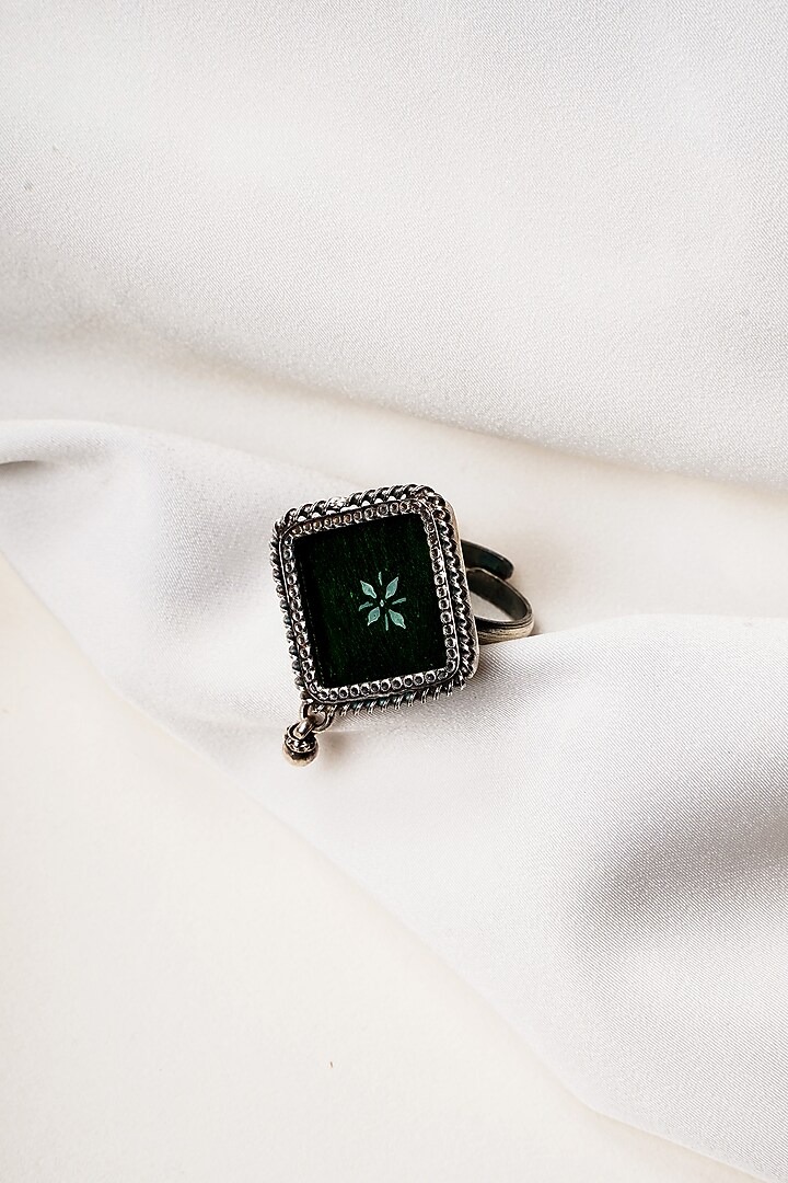 Oxidised Finish Hastkala Hand Painted Adjustable Ring In Sterling Silver by Swadeshi Pitara at Pernia's Pop Up Shop