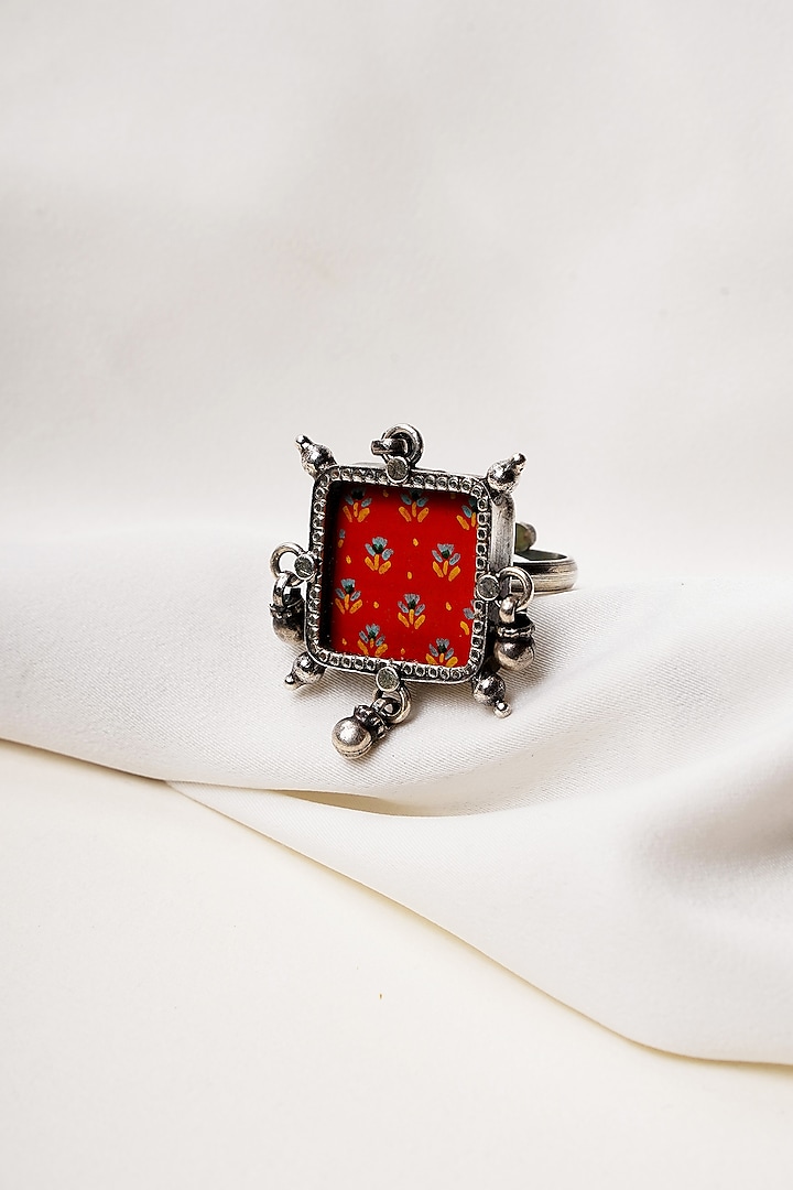 Oxidised Finish Hastkala Hand Painted Adjustable Ring In Sterling Silver by Swadeshi Pitara at Pernia's Pop Up Shop