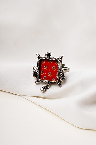 Oxidised Finish Hastkala Hand Painted Adjustable Ring In Sterling Silver by Swadeshi Pitara