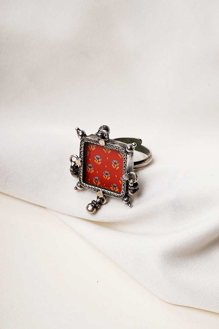 Oxidised Finish Hastkala Hand Painted Adjustable Ring In Sterling Silver by Swadeshi Pitara at Pernia's Pop Up Shop