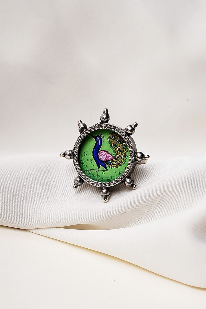 Oxidised Finish Hastkala Hand Painted Mayur Adjustable Ring In Sterling Silver by Swadeshi Pitara at Pernia's Pop Up Shop