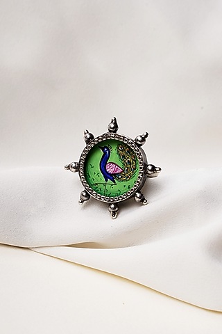 Oxidised Finish Hastkala Hand Painted Mayur Adjustable Ring In Sterling Silver by Swadeshi Pitara