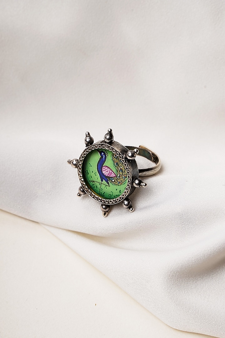 Oxidised Finish Hastkala Hand Painted Mayur Adjustable Ring In Sterling Silver by Swadeshi Pitara at Pernia's Pop Up Shop