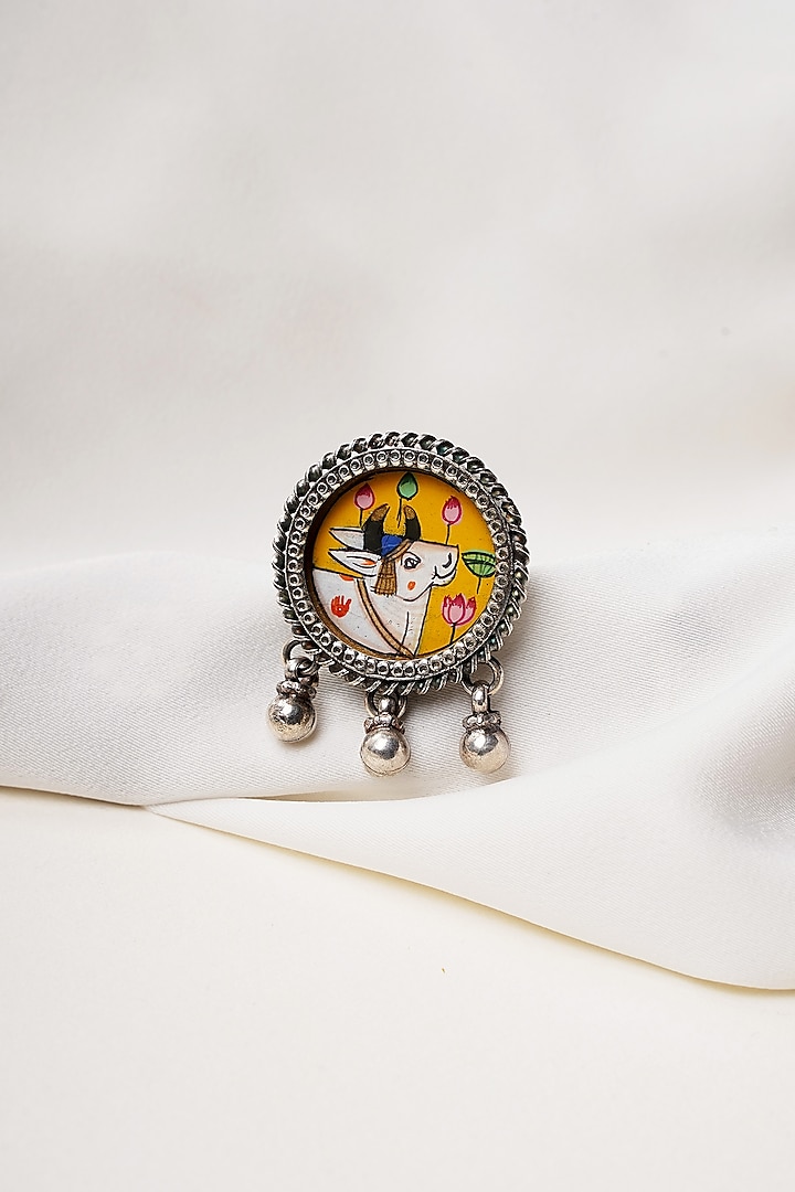 Oxidised Finish Hastkala Hand Painted Cow Adjustable Ring In Sterling Silver by Swadeshi Pitara at Pernia's Pop Up Shop