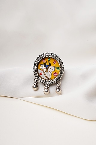 Oxidised Finish Hastkala Hand Painted Cow Adjustable Ring In Sterling Silver by Swadeshi Pitara