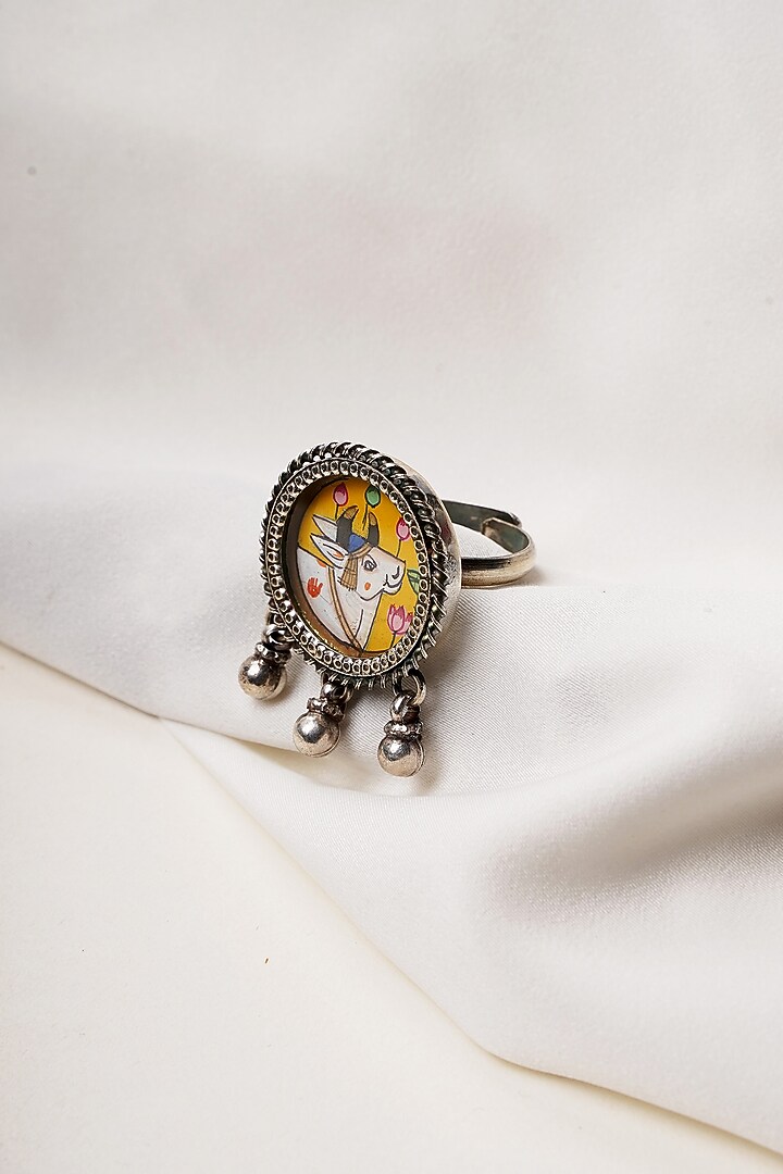Oxidised Finish Hastkala Hand Painted Cow Adjustable Ring In Sterling Silver by Swadeshi Pitara at Pernia's Pop Up Shop