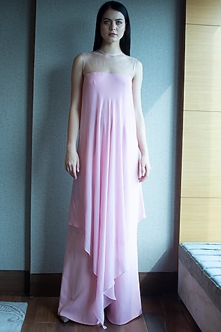 Blush Pink Draped Crepe Jumpsuit by Swatee Singh