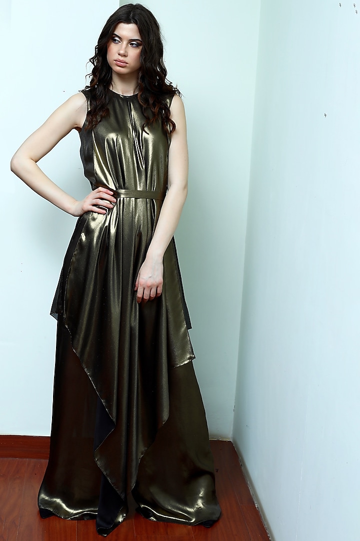 Gold Draped Jumpsuit With Belt by Swatee Singh