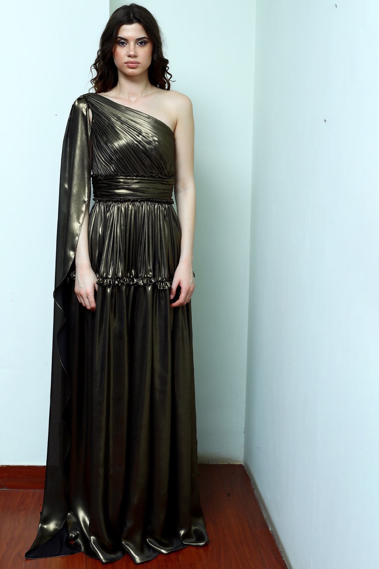 one shoulder draped gown