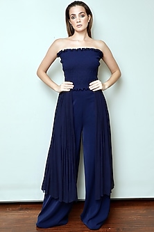 Midnight Blue Draped Jumpsuit by Swatee Singh-SHOP BY STYLE