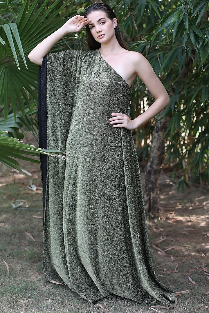 Gold One Shoulder Draped Gown by Swatee Singh