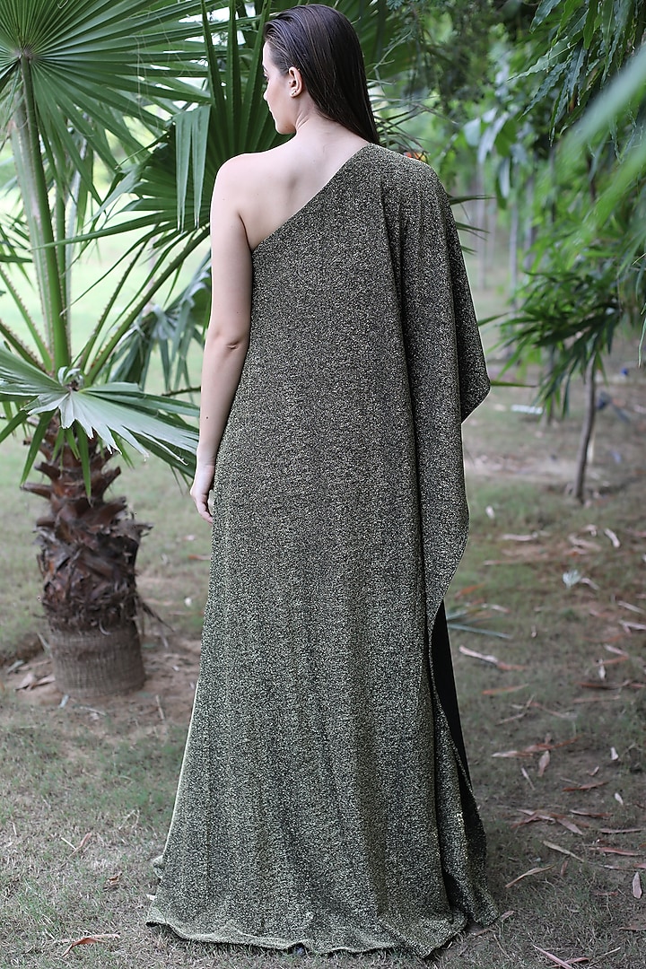 Gold One Shoulder Draped Gown by Swatee Singh at Pernia's Pop Up Shop