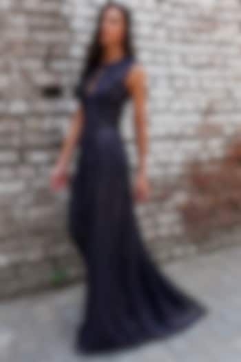 Navy Blue Embellished Tulle Gown by Swatee Singh