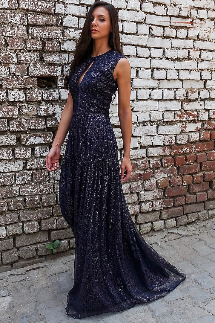 Navy Blue Embellished Tulle Gown by Swatee Singh