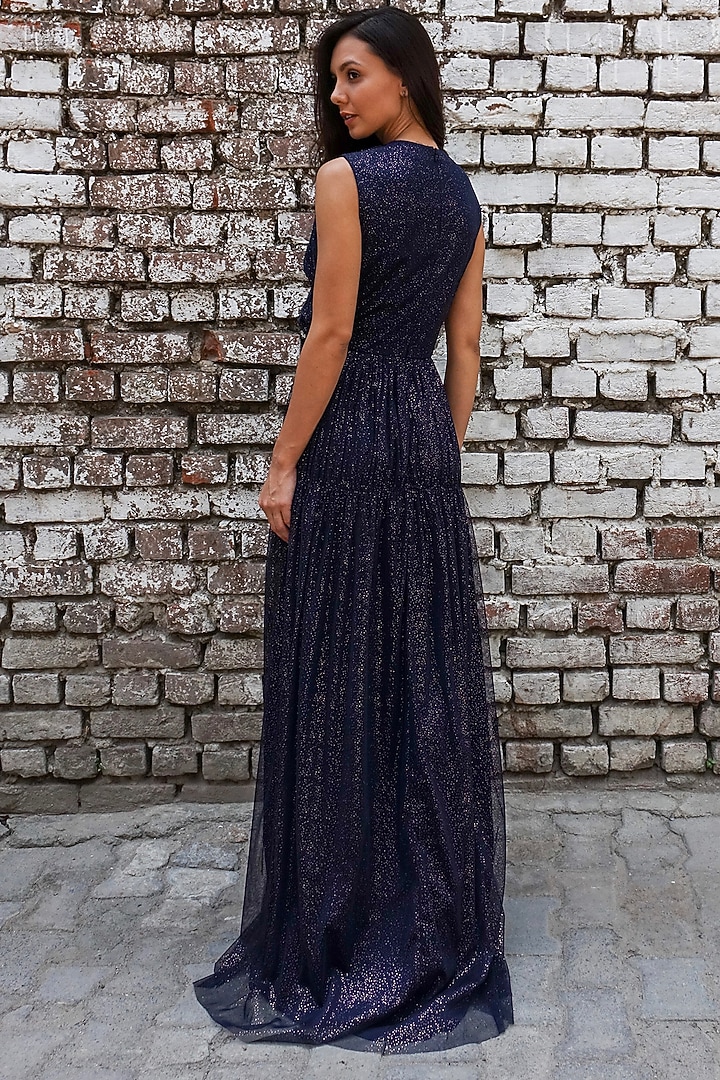 Navy Blue Embellished Tulle Gown by Swatee Singh at Pernia's Pop Up Shop