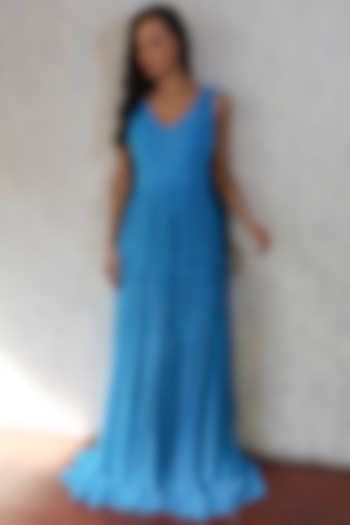 Turquoise Gathered Gown With Drape by Swatee Singh