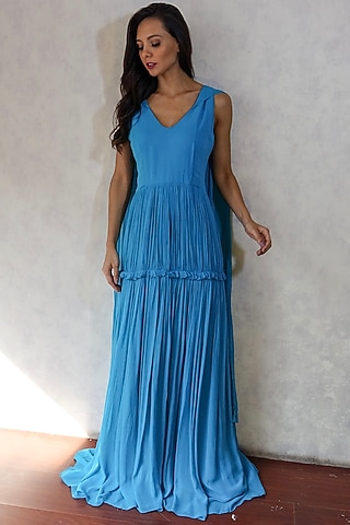 Turquoise Gathered Gown With Drape by Swatee Singh
