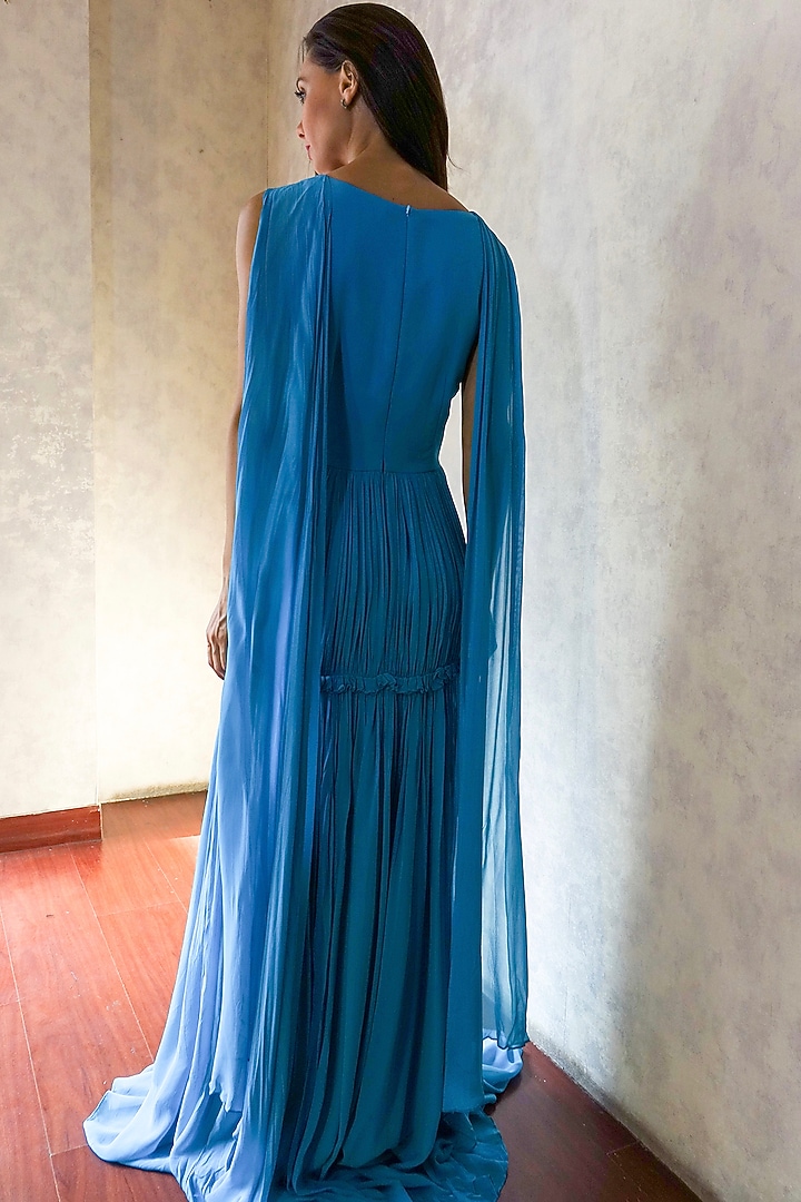 Turquoise Gathered Gown With Drape by Swatee Singh at Pernia's Pop Up Shop