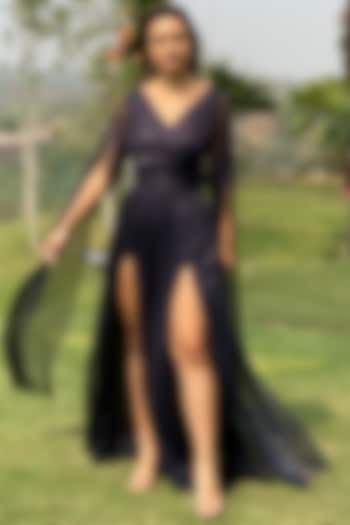 Navy Blue Slit Flared Gown by Swatee Singh at Pernia's Pop Up Shop