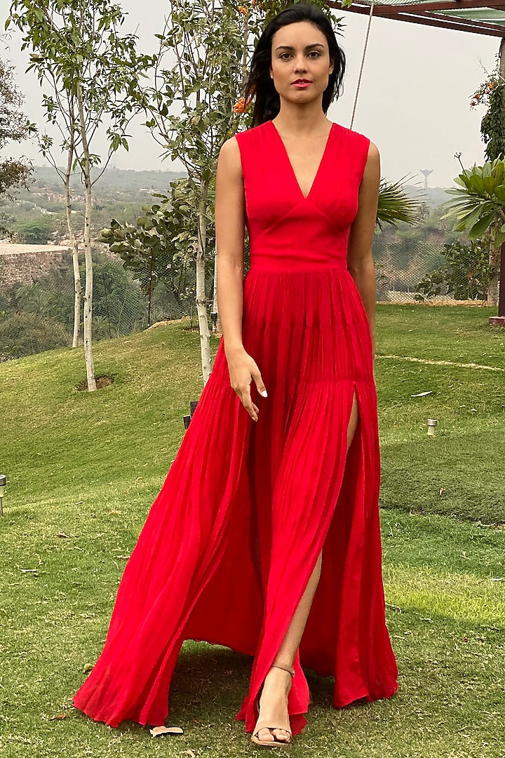 Crimson Red Gathered Gown by Swatee Singh