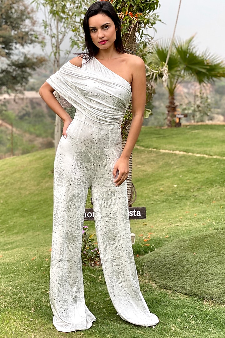 Ivory & Silver One Shoulder Embellished Jumpsuit by Swatee Singh