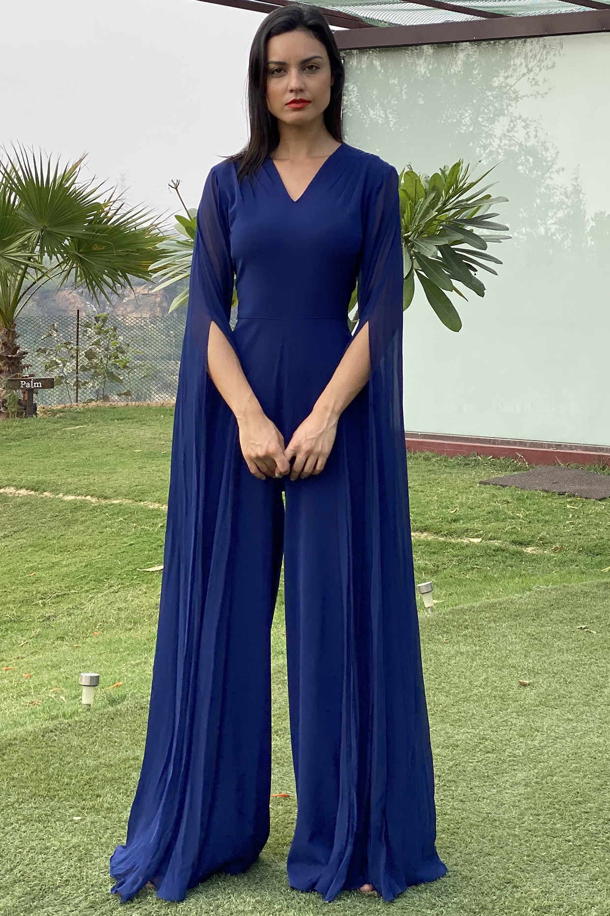Navy Blue Jumpsuit With Draped Sleeves by Swatee Singh at Pernia's Pop Up Shop