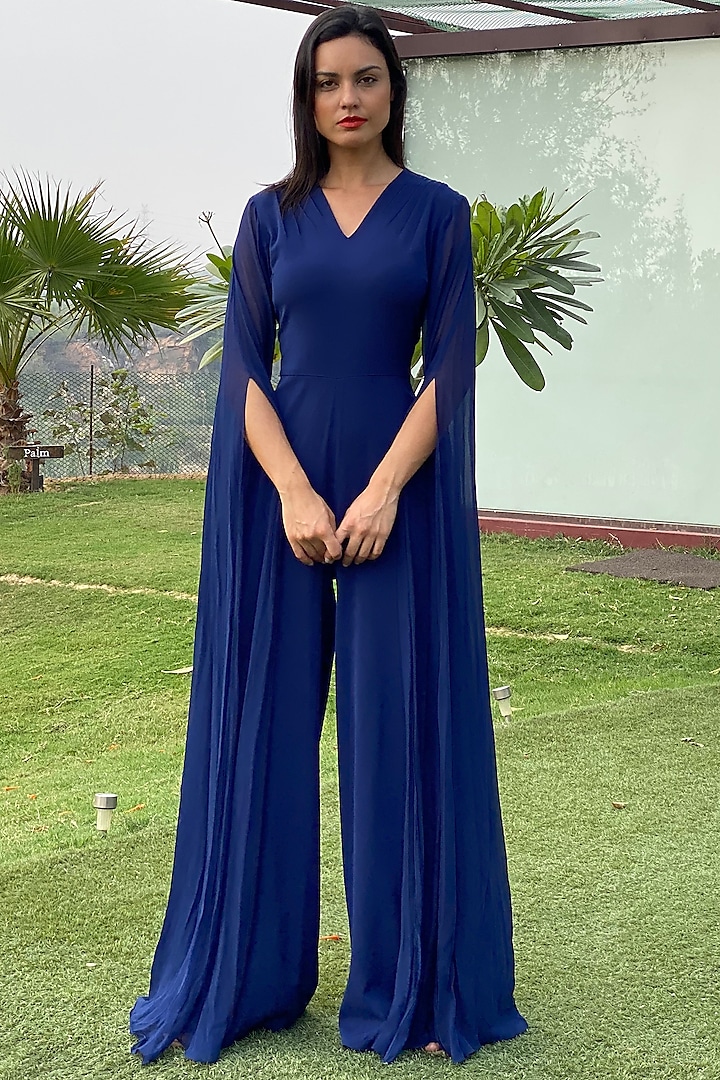 Navy Blue Jumpsuit With Draped Sleeves by Swatee Singh at Pernia's Pop Up Shop
