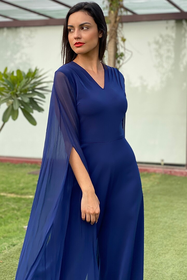 Navy Blue Jumpsuit With Draped Sleeves by Swatee Singh at Pernia's Pop Up Shop