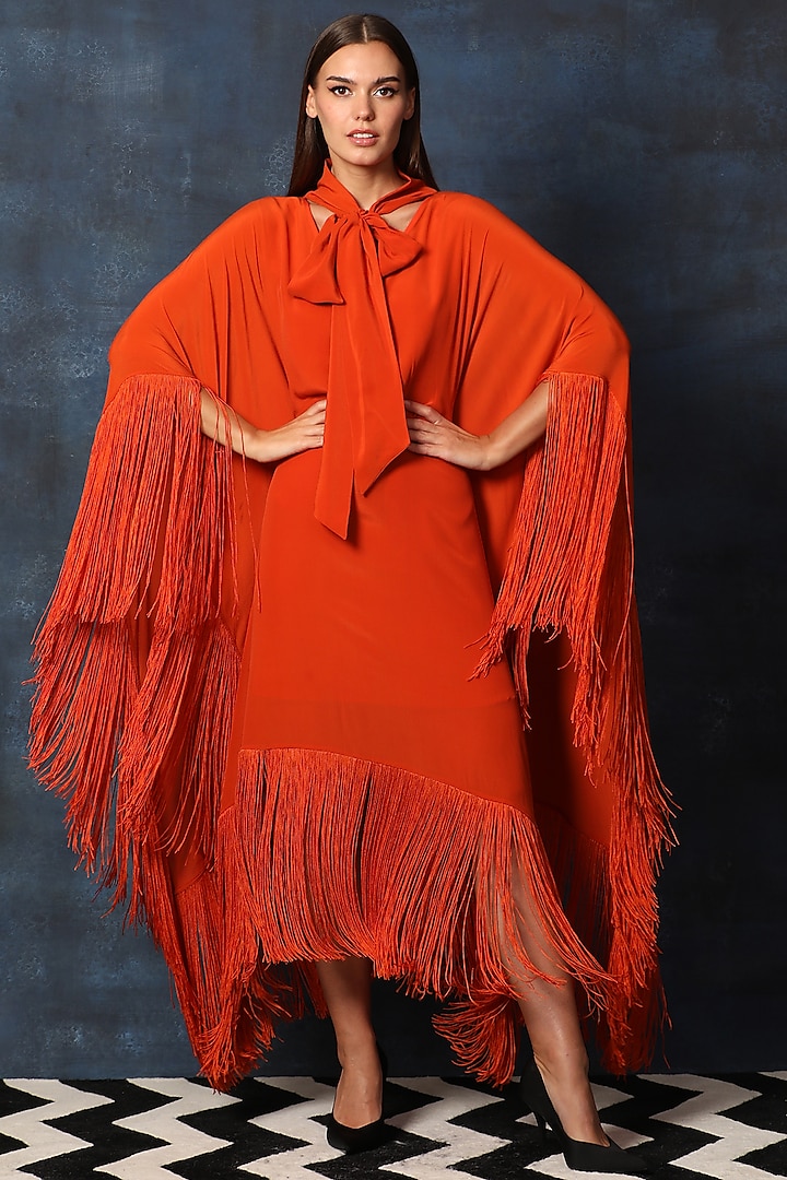 Rust Crepe Asymmetric Kaftan Maxi Dress by Swatee Singh