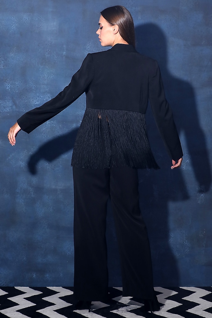 Black Heavy Crepe Fringe Cropped Jacket by Swatee Singh at Pernia's Pop Up Shop
