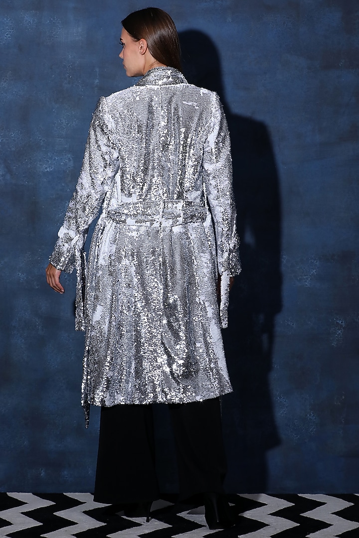 Silver Sequins Overcoat Blazer by Swatee Singh at Pernia's Pop Up Shop