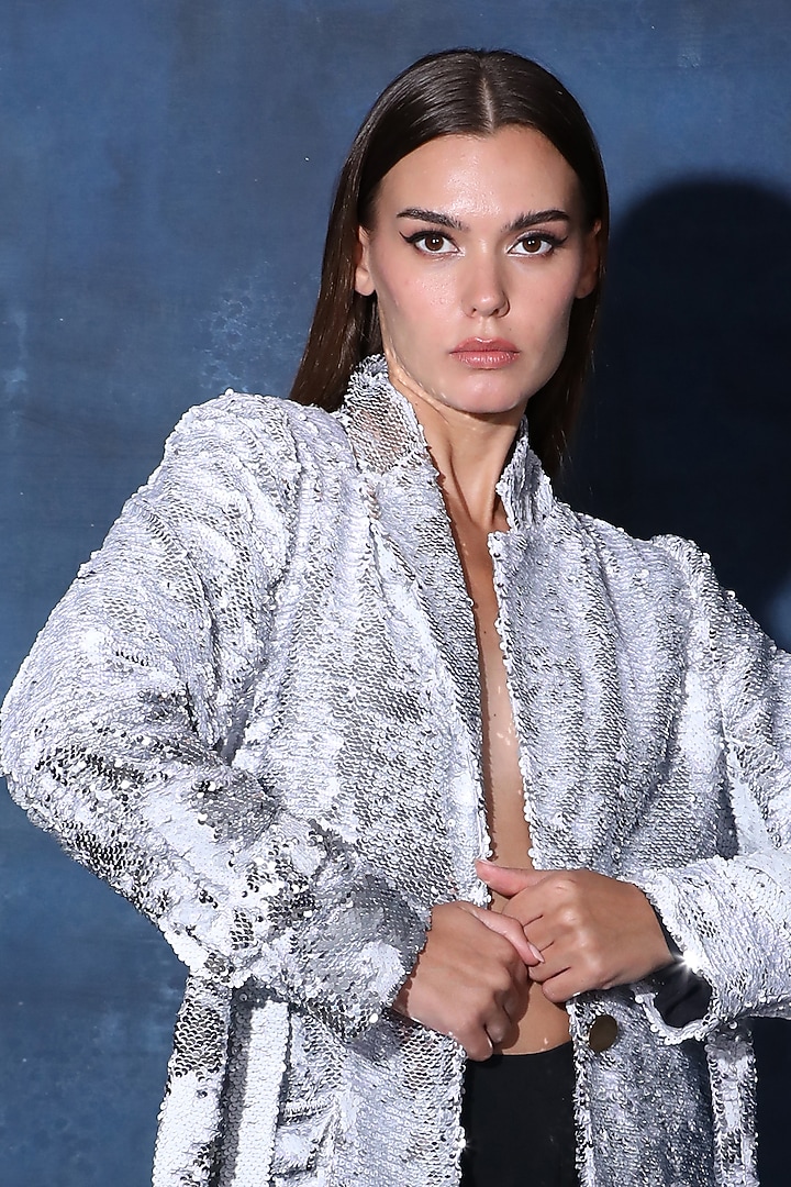 Silver Sequins Overcoat Blazer by Swatee Singh at Pernia's Pop Up Shop