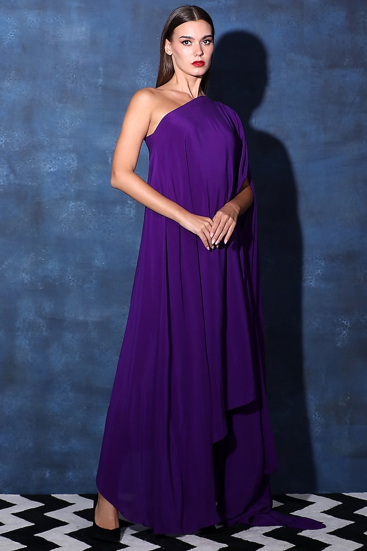 Purple Crepe One-Shoulder Maxi Kaftan Dress by Swatee Singh