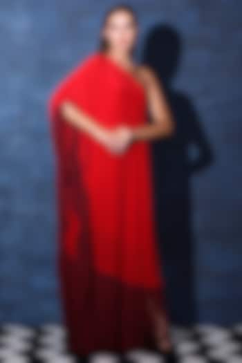 Red Crepe One-Shoulder Maxi Kaftan Dress by Swatee Singh