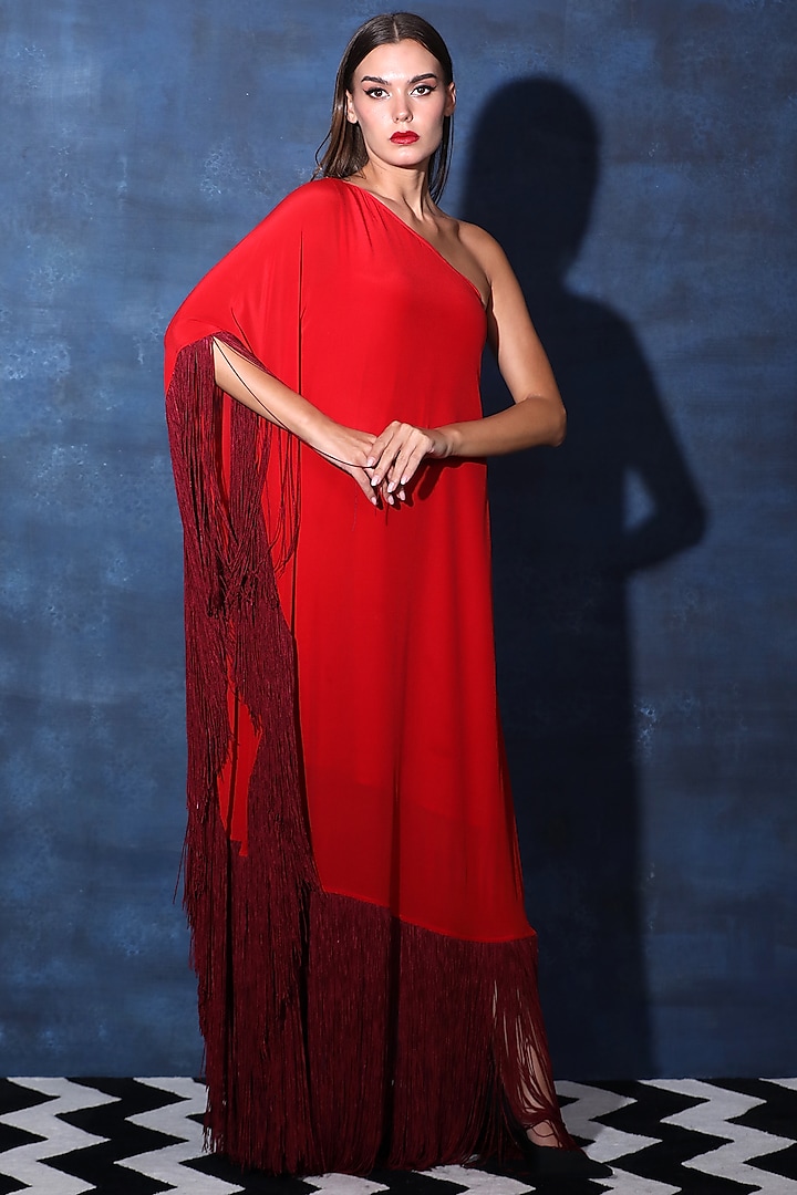 Red Crepe One-Shoulder Maxi Kaftan Dress by Swatee Singh