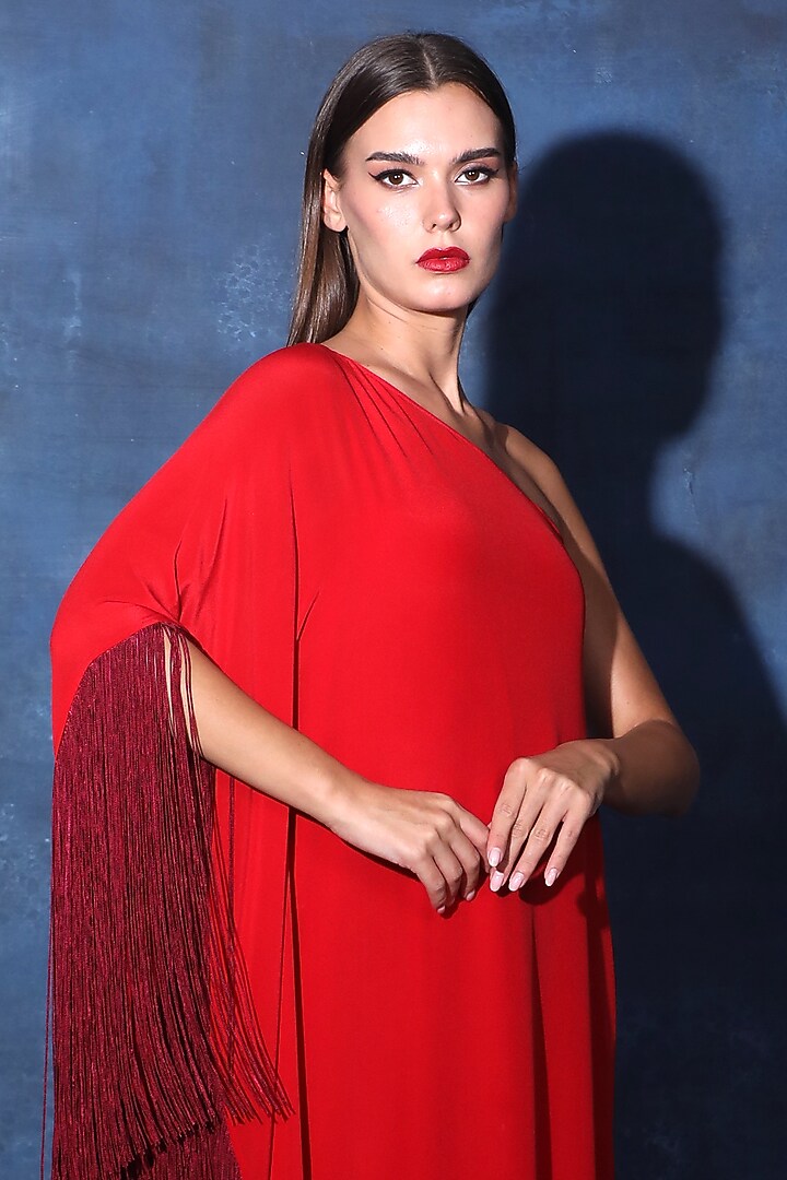 Red Crepe One-Shoulder Maxi Kaftan Vacation Dress by Swatee Singh at Pernia's Pop Up Shop