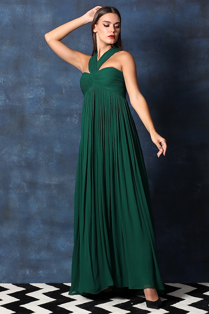 Green Georgette HIgh-Waisted Gown by Swatee Singh