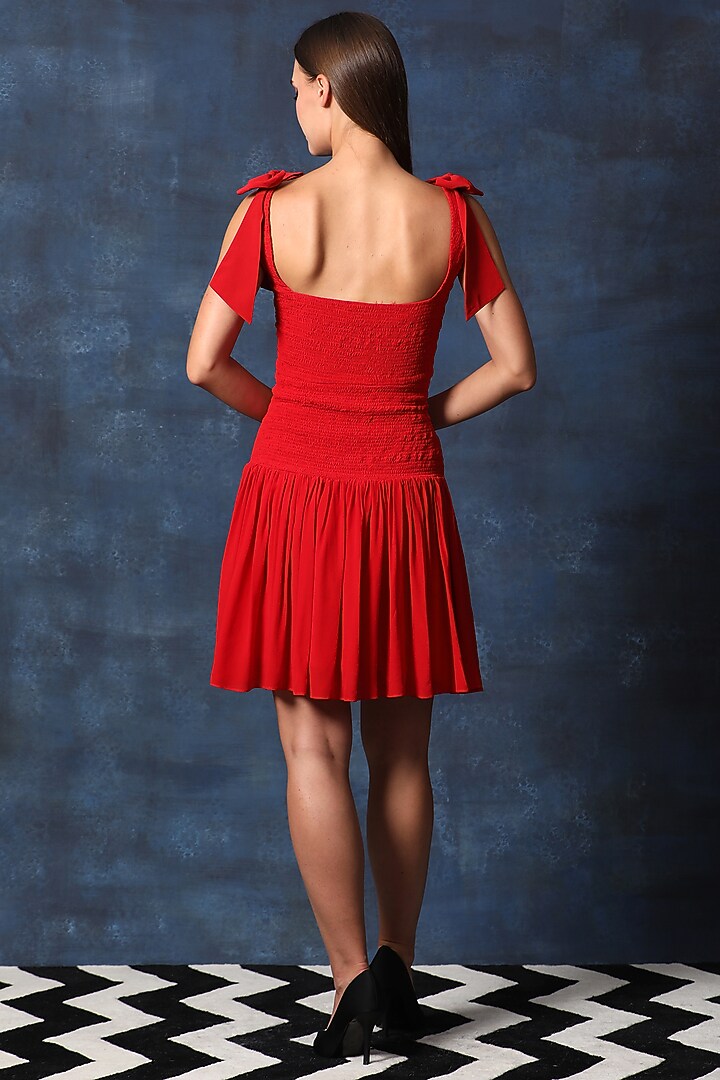 Red Georgette Mini Smocking Vacation Dress by Swatee Singh at Pernia's Pop Up Shop
