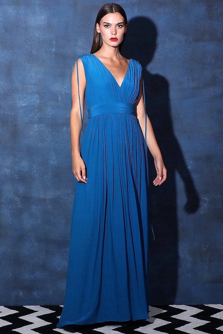 Cobalt Blue Georgette Gown by Swatee Singh