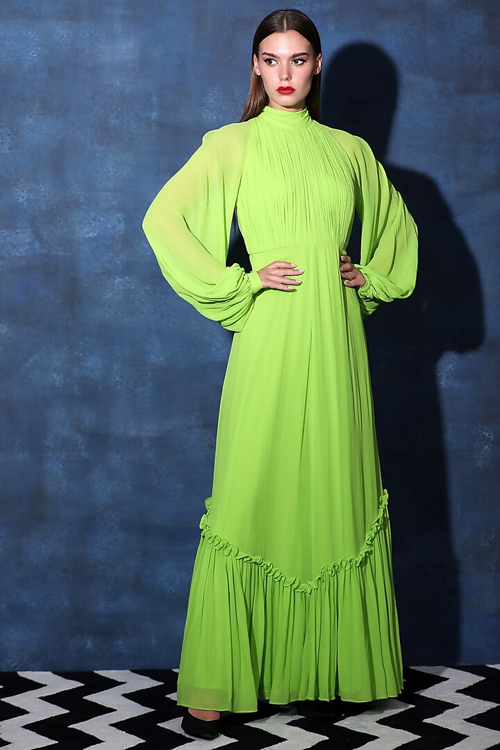Leaf Green Georgette Gown by Swatee Singh