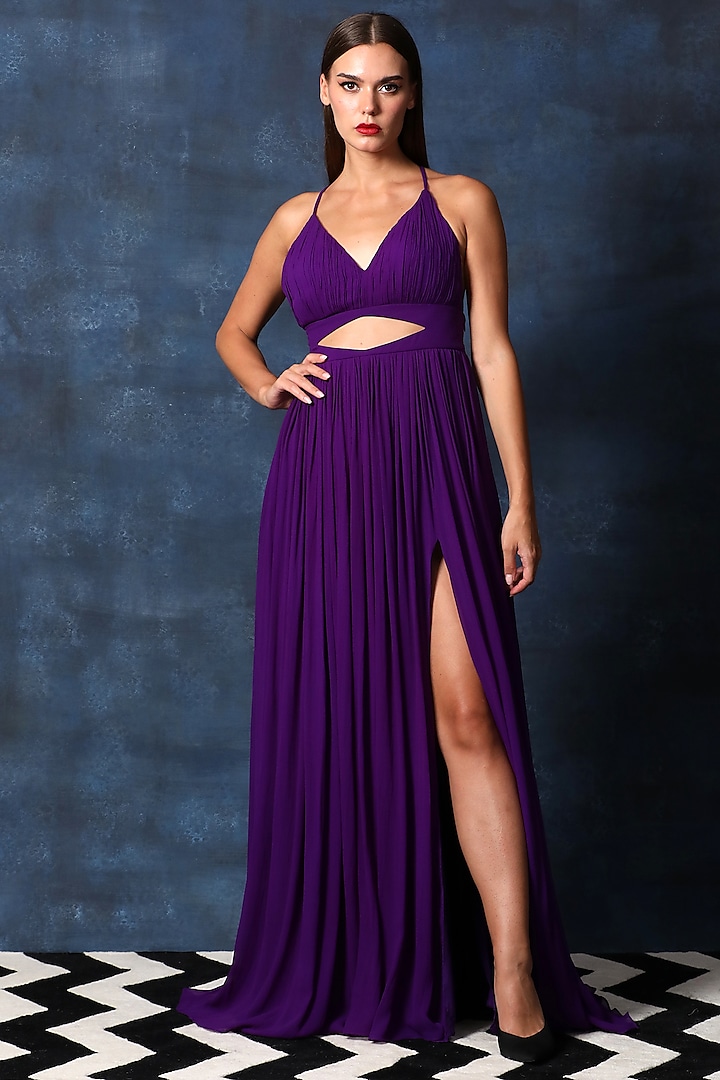 Purple Georgette Backless Gown by Swatee Singh
