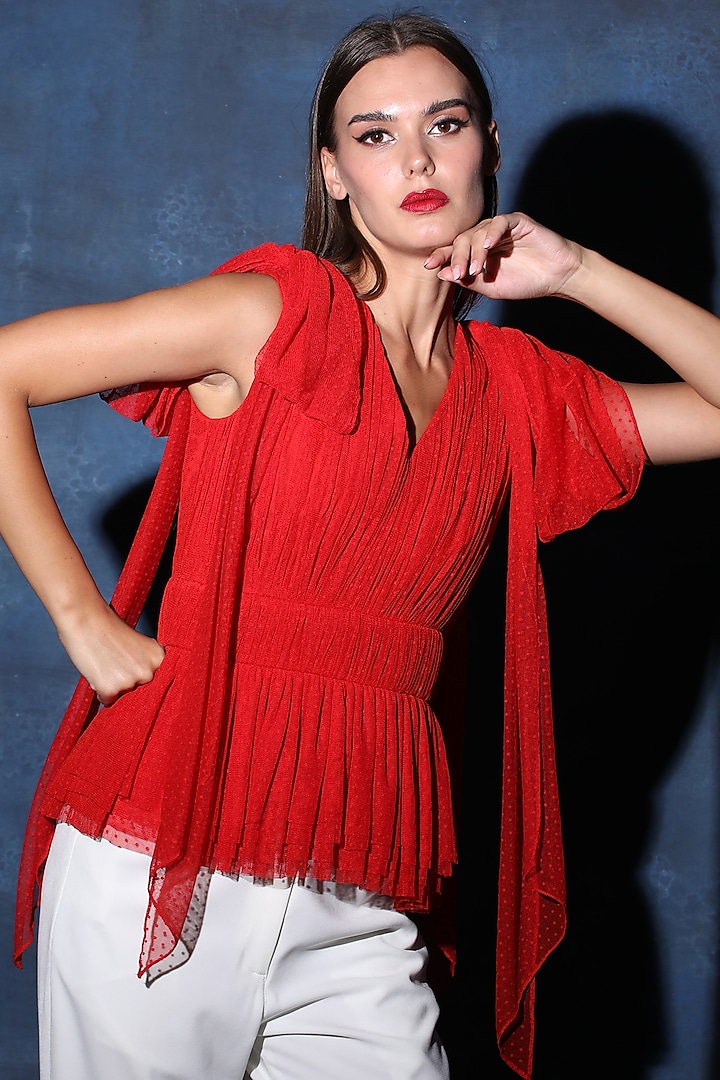 Red Polka Net Gathered Top by Swatee Singh