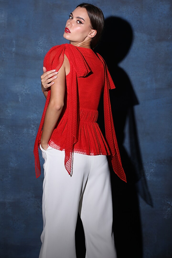 Red Polka Net Gathered Top by Swatee Singh at Pernia's Pop Up Shop
