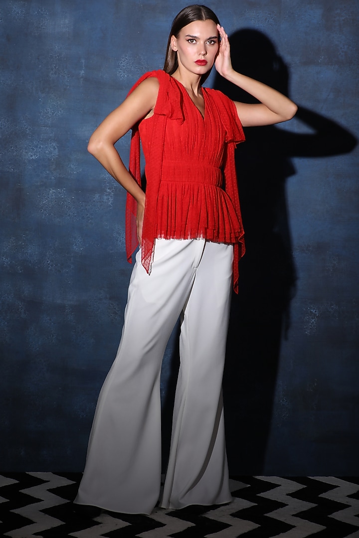 Red Polka Net Gathered Top by Swatee Singh at Pernia's Pop Up Shop