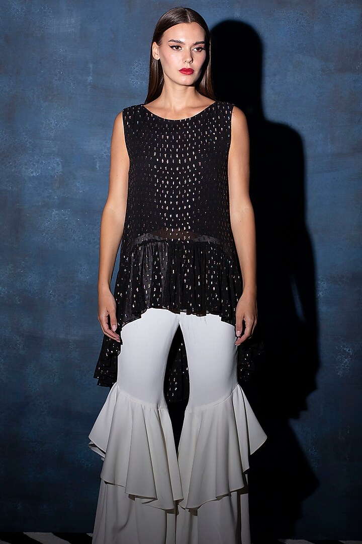 Black Georgette Asymmetrical Top by Swatee Singh at Pernia's Pop Up Shop