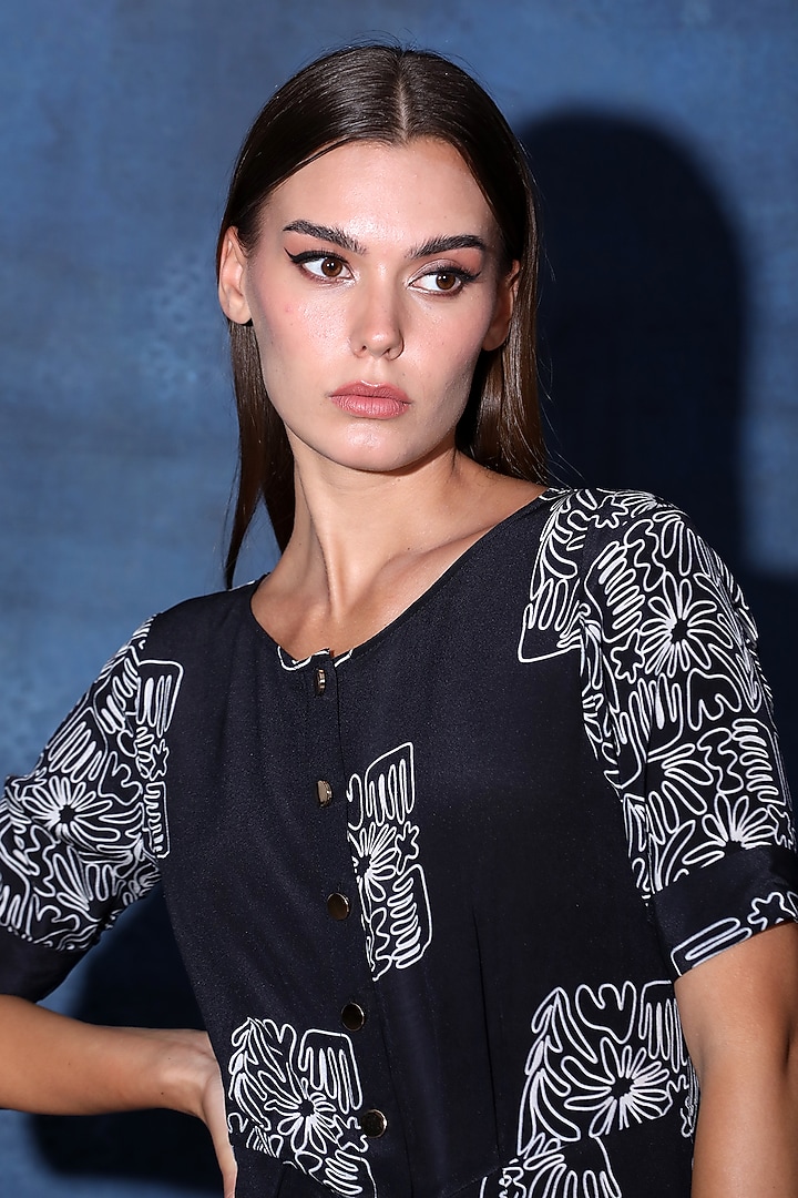 Black Crepe Digital Printed Romper by Swatee Singh at Pernia's Pop Up Shop