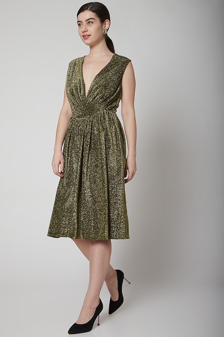 Gold Metallic Vacation Dress With Plunging Neckline by Swatee Singh at Pernia's Pop Up Shop