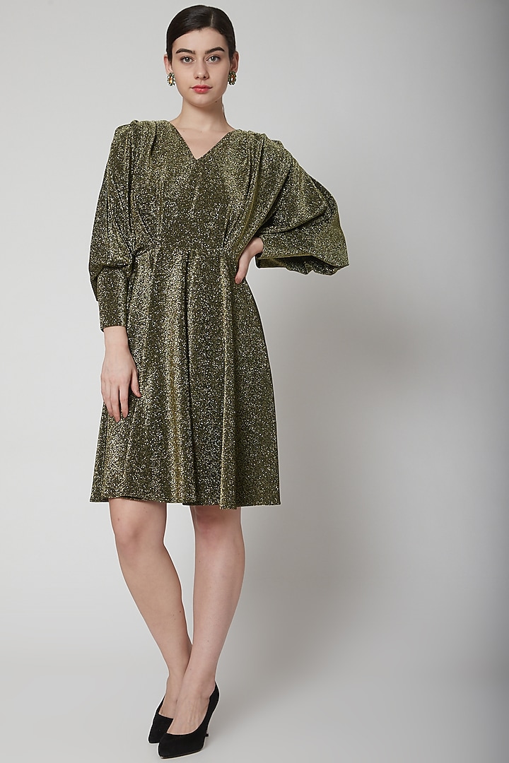 Gold Mini Dress With Cowl Sleeves by Swatee Singh